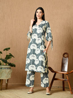 KELIN - Tharia Regular Fit Floral Printed Cotton Co-Ord - Charcoal