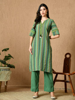 KELIN - Meet Straight Fit Striped Kurta With Pant Kurta - Green