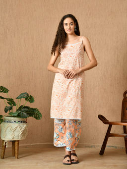 KELIN - Ayra Regular Fit Printed Spaghetti Kurta with Pant - Orange