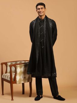 Vastramay - Men Black Mirror Work Kurta with Nehru Jacket, Pyjama and Mirror Dupatta