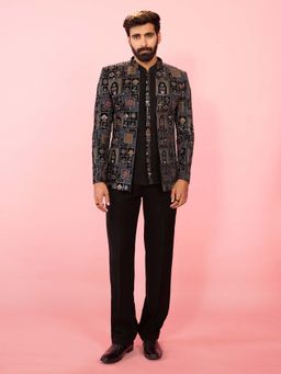 Vastramay - Men Black Velvet Thread Embroidered Bandhgala and Inner with Straight Pant