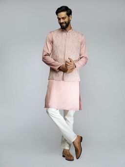 Vastramay - Men Peach Silk Blend Thread Embroidered Kurta and Pyjama with Nehru Jacket