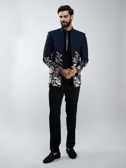 Vastramay - Men Navy Blue Silk Blend Floral Zari and Embroidered Jacket with Pant