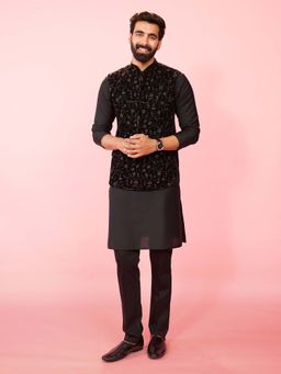 Vastramay - Men Black Velvet Floral Kurta and Pant with Nehru Jacket
