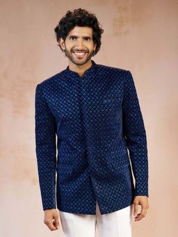 Vastramay - Men Blue Velvet Thread Embroidered Ethnic Motif Bandhgala