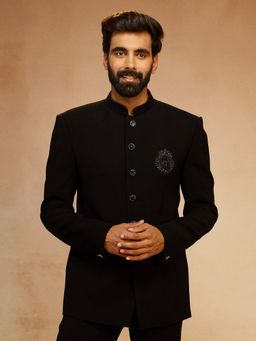 Vastramay - Men Black Silk Bead Embroidered Ethnic Motif Full Sleeve Bandhgala Jacket