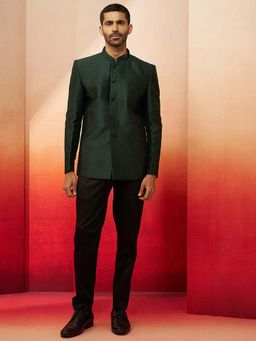 Vastramay - Bottle Green Jacquard Bandhgala with Black Pyjama Set for Men