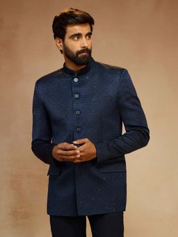 Vastramay - Men Navy Blue Self-Texture Sequin Embroidery Bandhgala