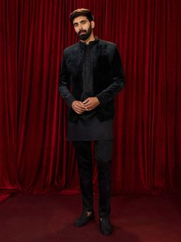 Vastramay - Men Black Velvet Sequin Kurta and Straight Pant with Bandhgala Jacket