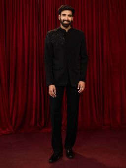 Vastramay - Men Black Imported Suiting Floral Bandhgala Jacket with Straight Pant