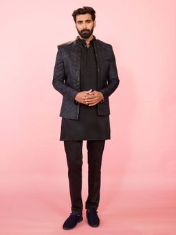 Vastramay - Men Navy Blue Bandhgala with Black Satin Kurta and Pant