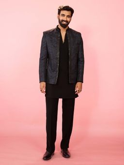 Vastramay - Men Navy Blue Satin Kurta and Pant with Bandhgala