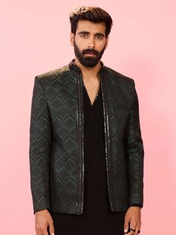 Vastramay - Men Bottle Green Sequin Embossed Bandhgala
