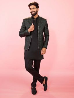 Vastramay - Men Bottle Green Satin Kurta and Pant with Bandhgala