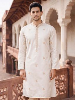 Vastramay - Men White Sequin and Thread Embroidered Silk Blend Long Kurta with Crepe Lining