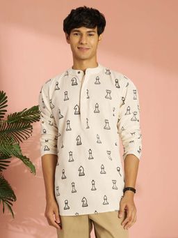 Vastramay - Men Cream Abstract Block Print Cotton Short Kurta