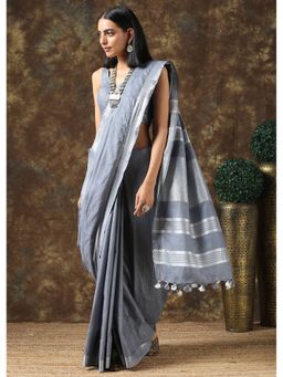 Swtantra - Granite Linen Saree With Silver Border And Unstitched Blouse