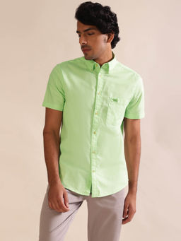 Andamen - Regular Fit Men Green Oxford Half Sleeve Patch Pocket Casual Shirt