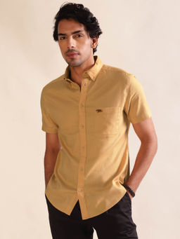 Andamen - Regular Fit Men Beige Dobby Half Sleeve Patch Pocket Casual Shirt