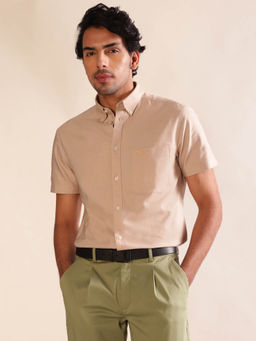 Andamen - Regular Fit Men Beige Half Sleeve Patch Pocket Casual Shirt