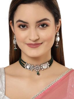 Karatcart - Oxidised Silver Green Multistrand Embellished Choker Necklace Setfor Women (Set of 2)