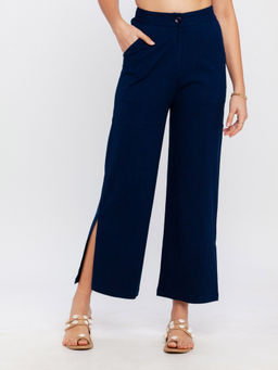 Zink London - Women's Navy Blue Solid Trouser