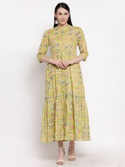 Indibelle - Cotton Pista Green Floral Print A-line Dress