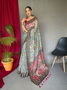 EXCLUSIVA - Multicolor Kalamkari Print Cotton Saree with Unstitched Blouse