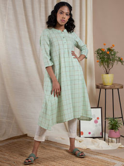 Pink Fort - Check Patterned Cotton Dress - Green