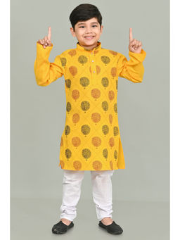 NFC CREATION - Boys Printed Cotton Yellow Kurta & Pyjama for Boys (Set of 2)