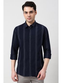 Peter England - Men Navy Blue Slim Fit Stripe Full Sleeves Casual Shirt