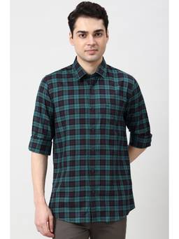Peter England - Men Green Slim Fit Checks Full Sleeves Casual Shirt