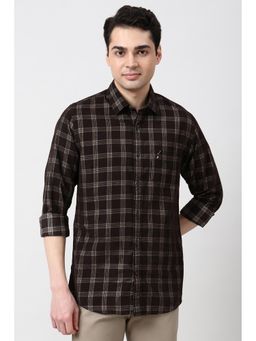 Peter England - Men Brown Slim Fit Checks Full Sleeves Casual Shirt