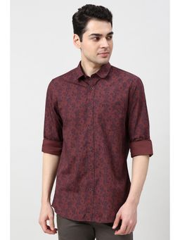 Peter England - Men Maroon Slim Fit Print Full Sleeves Casual Shirt