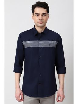 Peter England - Men Navy Blue Slim Fit Stripe Full Sleeves Casual Shirt