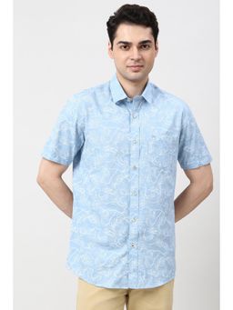 Peter England - Men Light Blue Slim Fit Print Half Sleeves Casual Shirt