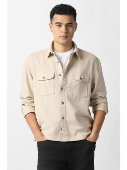 Van Heusen - Men Beige Solid Full Sleeves Casual Shirt