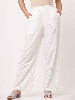 SAVI - White Cotton Schiffli Detailed Pant