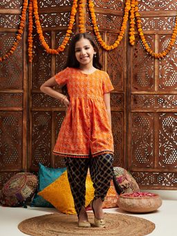PSPeaches - Girls Orange Kurta With Dhoti Pants (Set of 2)