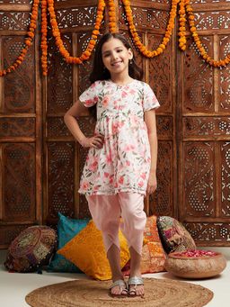 PSPeaches - Girls Peach Floral Kurta With Dhoti Pants (Set of 2)