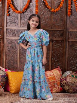 PSPeaches - Girls Blue Floral Lehenga With Blouse (Set of 2)