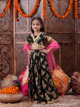 PSPeaches - Girls Rama Green Lehenga Choli With Dupatta (Set of 3)