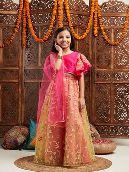 PSPeaches - Girls Pink Lehenga With Blouse & Dupatta (Set of 3)