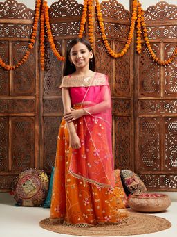 PSPeaches - Girls Orange Lehenga With Blouse & Dupatta (Set of 3)