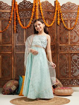 PSPeaches - Girls Blue Lehenga With Blouse & Dupatta (Set of 3)