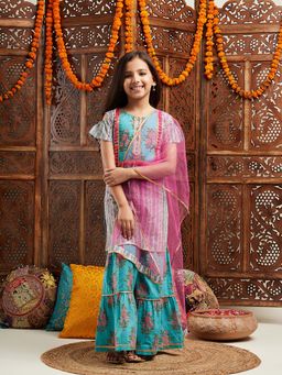 PSPeaches - Girls Blue Kurta With Sharara & With Dupatta (Set of 3)