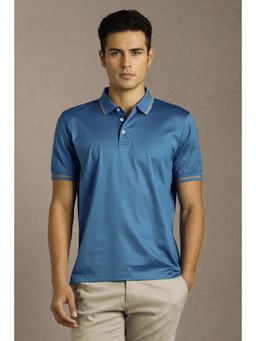 Louis Philippe - Mens Blue Solid Collar Neck Polo T-Shirt