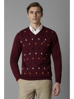 Louis Philippe - Men Maroon Print V Neck Full Sleeves Sweater