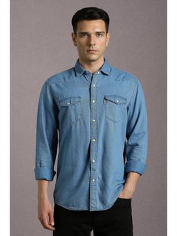 Louis Philippe - Men's Blue Slim Fit Solid Full Sleeves Casual Shirt