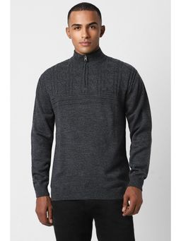 Peter England - Men Grey Solid Stylized Neck Sweater